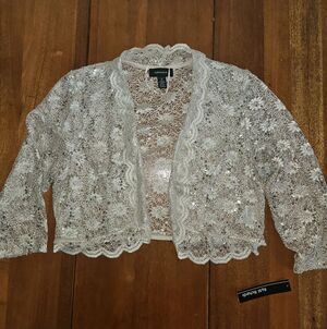 R&M Richards Silver Sequin Lace Cropped Bolero